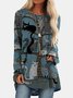 Blue Shift Boho Crew Neck Ethnic Cat Long Sleeve Tunic