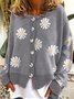Women Casual Floral Autumn V neck Natural Long sleeve Loose Cotton-Blend Regular Sweater