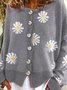 Women Casual Floral Autumn V neck Natural Long sleeve Loose Cotton-Blend Regular Sweater