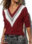 Long Sleeve V Neck Cotton-Blend Stripes Sweater