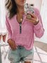 Pink Long Sleeve Color-Block Knitted V Neck T-shirt