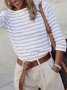 Casual Round Neck Cotton-Blend Striped Tops