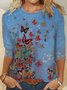 Crew Neck Shift Long Sleeve Butterfly Print Top