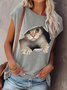 Gray Cat Printed Casual Short Sleeve Shift T-shirt