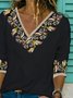 Floral  Half Sleeve  Printed  Cotton-blend  V neck  Vintage  Summer  Black Top