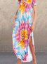 Short Sleeve Ombre/tie-Dye V Neck Knitting Dress