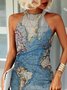 Casual Crew Neck Cold Shoulder Printed Weaving Dress