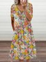 Floral-Print V Neck Short Sleeve Women Dress
