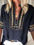 Paisley  Short Sleeve  Printed  Polyester  V neck  Vintage  Summer  Black Shirt