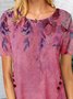 Floral Short Sleeve Printed Cotton-blend  Crew Neck Casual  Summer  Pink Top