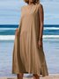 Loose Button Sleeveless Crew Neck Solid Color Vintage Dress
