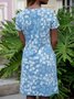 Boho Blue White Floral-print Short Sleeve Pocket Casual Knitting Dress