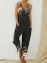 Holiday Floral Print Straps Patchwork Casual Jumpsuit With Pockets