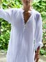 Women Casual V Neck Loose Long Sleeve Cotton and Linen Dress