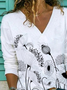 Floral Long Sleeve V Neck Cotton-Blend Casual Shirts & Tops