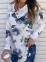 Autumn/Winter V-Neck Floral Ink Painting Print Button Casual Ladies T-Shirt