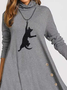 Cute Cat Shift Long Sleeve Cotton-Blend Casual Knitting Dress
