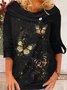 Butterfly Printed  Long Sleeve Round Neck Casual T-shirt & Top