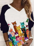 Long sleeve V-neck stitched animal cat hand-painted printed top sweater