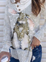 Long sleeve pile collar landscape snow print rabbit photo Top Sweater t-shirt female