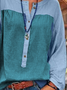 Color Block Cotton-Blend Long Sleeve Casual V Neck Shirt & Top