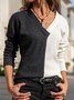 Color Block Loose V Neck Casual Sweater