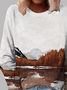 Landscape Painting Cotton Blends Crew Neck Sweatshirts