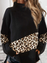 Fashion Leaopard Print Color Block Turtle Neck Sweater Women