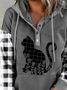 Long sleeve round neck V-neck hooded geometric Plaid animal cat print Top Women Sweater