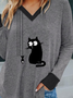 Cat Print Casual Cotton Blends V Neck Shirts & Tops