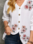 Women's Floral Cotton Button Long Sleeve Lapel Loose Shirt Floral V Neck Vintage Off Shoulder Long Sleeve Blouse