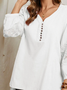 Solid Lace Stitch Button V-neck Long Sleeve Blouse Women Plain Casual Long Sleeve Blouse
