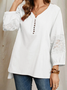 Solid Lace Stitch Button V-neck Long Sleeve Blouse Women Plain Casual Long Sleeve Blouse