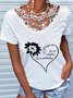 Short sleeved crew neck plain heart lettered print lace collage top T-shirt Plus Size