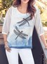 Dragonfly Print Round Neck Holiday Casual T-Shirts
