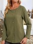Solid Holiday Cotton Blends Round Neck Buttoned Blouse Tops