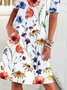 Regular Fit Round Neck Floral Short Sleeve Knee-length Dress