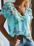 Cotton Blends V Neck Casual Short Sleeve Floral Butterfly T-Shirt