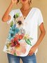 Rose Watercolor Floral Zip-Front Casual V-Neck Tops