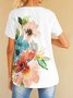 Rose Watercolor Floral Zip-Front Casual V-Neck Tops