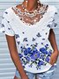 Short sleeve round neck geometric gradient flower lace Resort Floral Crew Neck Cotton Blends Shirts & Tops