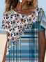Asymmetrical Neck Regular Fit Checked/Plaid Short Sleeve T-Shirt