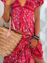 Women Boho Floral V Neck Short Sleeve Summer Dress