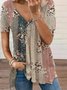 V Neck Floral Loose Casual Short Sleeve Top