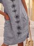 Women Summer Floral Pockets Short Sleeve Cotton Crew Neck Mini Linen Dress