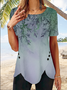 Women Casual Short Sleeve Tunic Shirt Round Neck Button Side irregular hem gradient Flower Top T-shirt