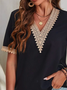 Loose Vacation Color Block V Neck Lace Top