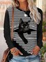 Striped Casual Autumn Polyester Lightweight Micro-Elasticity Loose Long sleeve H-Line T-shirt for Women