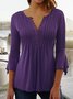 Women Basic V Neck Buttoned Casual Plain Flowy Three Quarter Sleeve Ruched Tunic Top
