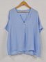 Casual V Neck Button Cotton Loose Blue Short Sleeve Tunic Top